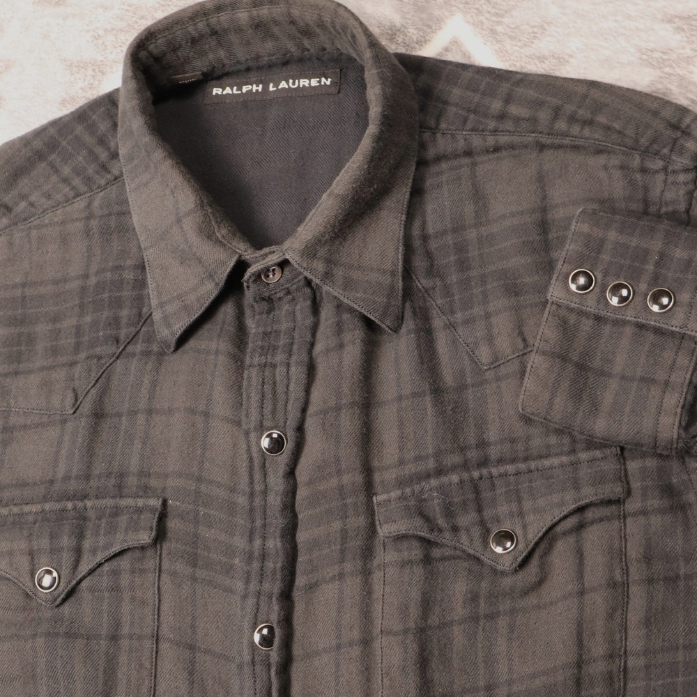 Ralph Lauren Mens Grey Plaid Flannel Western Snap Shirt Medium